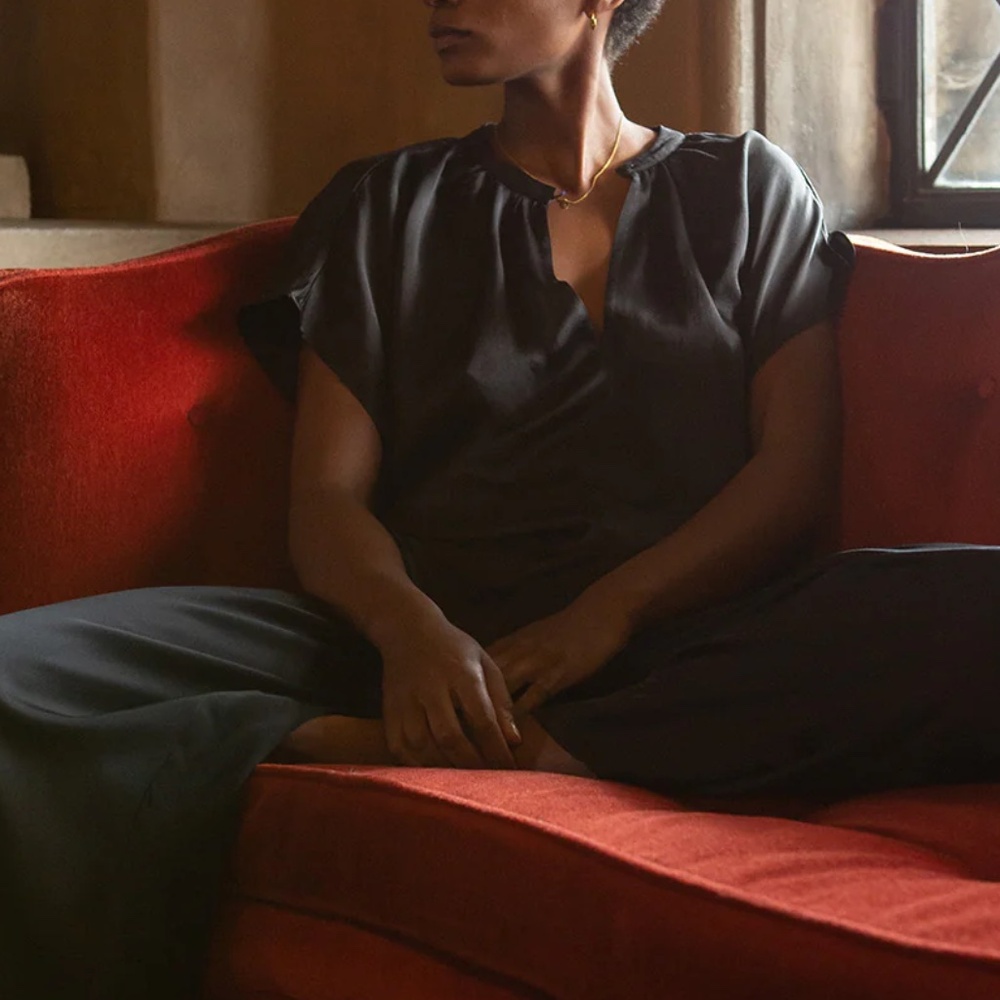 ERICA TANOV The Patti Blouse in Gunmetal Black Silk Fluid Top Luxe Classic 3 L